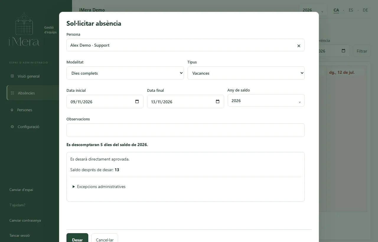 Formulari real per demanar una absència a iMera amb dades fictícies.