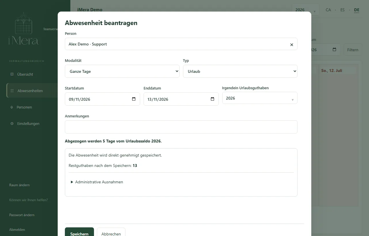Echtes iMera-Formular für einen Abwesenheitsantrag mit Beispieldaten.